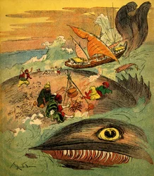 Sømanden Sindbad (Sinbad) - fortælling om de tusind og en nat (1001) - bog fra 1948, der fortæller sine eventyr (Fortin-udgaven, Wonderful Imaging of childhood collection) - illustration af Albert Robida (1848 - 1926): Sindbad og hans ledsagere har mislykk