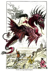 Succubus: kvindelig dæmon (kvinde - hunkøn), der rider på en drage - illustration af Albert Robida til Honoré de Balzacs „Skæmtsomme fortællinger“ - begyndelsen af det 20. århundrede