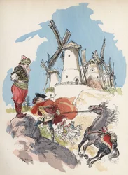 Baronen de Munchausen, der lige har krydset den egyptiske grænse, er fanget i en storm fremkaldt af en stor skikkelse for at få de 7 møller til at køre. "" Illustration af Albert Robida - i "" History and Adventures of the Baron de Munchausen"" (Munchhause