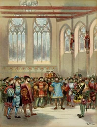 Bourgogne-herauten, sendt af Charles V (1500-1558), blev modtaget af Francois I (1494-1547) i den store sal i Parliamentarom i Paris, første halvdel af det 16. århundrede. Illustration