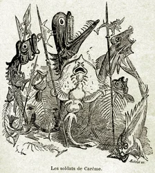 Quaresmeprenants hær. Soldater er repræsenteret som fisk, hvoraf nogle kun har aretes, ved henvisning til Caremes magre (unge) måltid. Illustration af Albert Robida (1848-1926) til en episode af Fourth Livre af Francois Rabelais - Librairie Arm