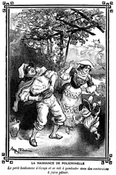 Polichinelles fødsel. Tegning af Albert Robida (1848-1926) i en bog med børnelæsninger 1920-1930.