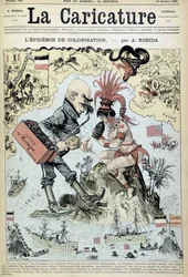 Koloniseringsepidemien: antikolonialistisk tegning af Robida - i »La Caricature« fra 31/10/1885