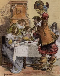 Kaptajn Bellormeaus generthed - "" Her er en fremragende dessert, siger kaptajn Hurtebise"". Karakter fra Albert Robidas bog. Forside "" Den lille franskmand illustreret"" af 03/03/1900.