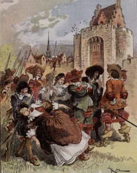 Kaptajn Bellormeaus generthed - "" Madame de Malicorne faldt i armene på en sergent"". Karakter fra Albert Robidas bog. Forside "" Den lille franskmand illustreret"" fra 20/01/1900.