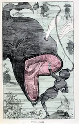 Kvinde i en scaphandler, der bliver slugt af en hval, parodi på Jules Verne, "" Meget ekstraordinære rejser af Saturnin Farandoul i 5 eller 6 dele af verden og i alle lande kendt eller ukendt for M. Jules Verne" af Robida, Paris