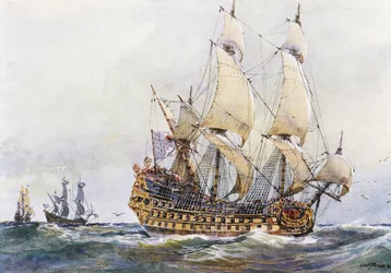 Fransk skib af første rang på Colberts tid (17. århundrede), akvarel af Albert Sebille (1874-1953)