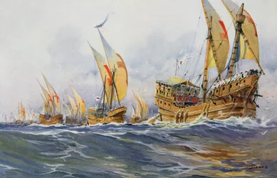 Franske skibe fra Saint-Louis under det ottende korstog i 1268 (farvelitografi)