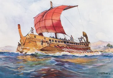 Let skib fra den klassiske græske æra, akvarel af Albert Sebille (1874-1953)
