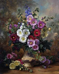 Hollyhocks in a China Vase (olie på lærred)