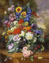 Stilleben med roser, delphiniums, valmuer og morgenfruer på en afsats