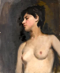 Kvinde semi-nøgen. Sort baggrund. Omkring 1880