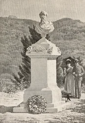 Monument for Paolo Giacometti (1816-1882) på Staglieno-kirkegården, Genova, Italien, stik efter tegning af Alberto della Valle, fra L