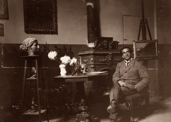 Billedhuggeren Mario Pelagatti i sit atelier, Firenze, 20/11/1920 (s/h-foto)
