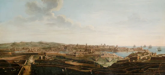 En af et sæt på syv udsigter over Valletta, Malta og dens omegn, ca. 1753 (olie på lærred)