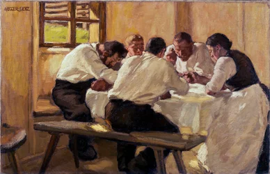 Repas, la soup (version 2) (Frokost (The Suppen, Version II) Maleri af Albin Egger Lienz (1868-1926), olie på lærred