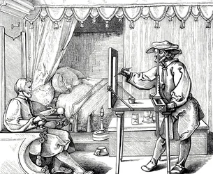 En træsnitsgravering, der forestiller en kunstner, der bruger et tegnehjælpemiddel for at få et portræts proportioner korrekt. Gravering af Albrecht Dürer (1471-1528), en tysk maler, grafiker og teoretiker fra renæssancen