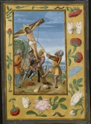Blad fra en tidebog: Korsets opstandelse, ca. 1510-1520 (tempera og flydende guld på pergament)