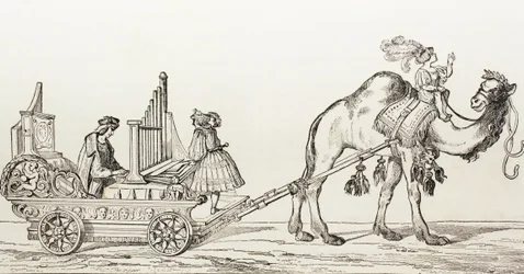 Organisten Paul Hoffaner spiller i en vogn trukket af en kamel, ca. 1880 (gravering)