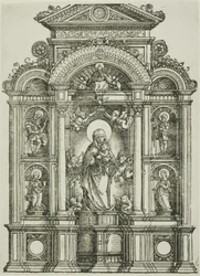 Altertavle med den smukke jomfru af Regensburg og de hellige Kristoffer, Maria Magdalena, Florian og Katarina stående i nicher med Gud Fader over sig