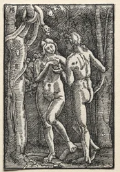 Menneskets fald og forløsning: Adam og Eva spiser den forbudte frugt, ca. 1515.