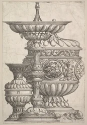 Tre elegante fartøjer på en hvid baggrund, ca. 1525.