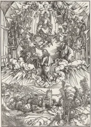 Johannes foran Gud Faderen og de ældste, fra episoden af ​​Apokalypsen. 1496