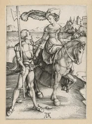 Landsknægt og ung dame til hest