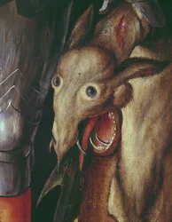 Paumgartner altertavle: detalje af venstre fløj, afbildning af dragens hoved besejret af St. George, ca. 1500 tempera på paneldetalje af 495745
