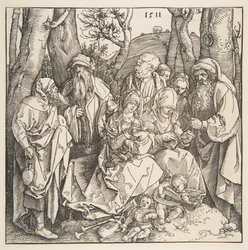 Den hellige familie med hellige og to musikalske engle, 1511.