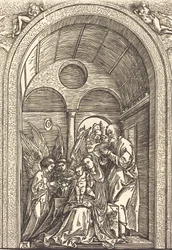 Den hellige familie med to engle i en hvælvet sal, ca. 1504.