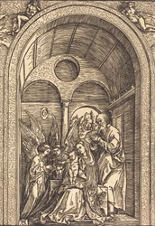 Den hellige familie med to engle i en hvælvet sal, ca. 1504.