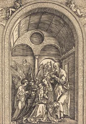 Den hellige familie med to engle i en hvælvet sal, ca. 1504.
