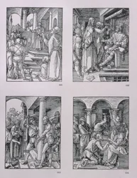 Serien »Den lille passion« (med uret): Kristus for Pilatus; Kristus for Herodes; Piskningen; Tornekroningen, udgivet 1511