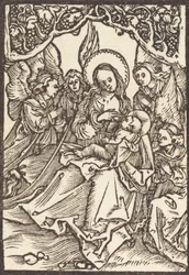 Jomfruen plejer Kristusbarnet med fire engle, ca. 1500.