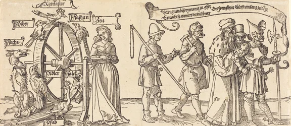 Tid og en ræv, der drejer lykkens hjul med folk i alle rækker til højre, sandsynligvis 1526.