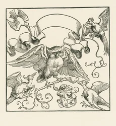 En ugle angrebet af fire andre fugle, ca. 1515 (træsnit)