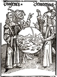 Diogenes (-413 - -327) og Democritus (-460 - -370) - i "" Das Narrenschif (Nårenes båd)" af Sébastien Brandt (1458 - 1521). Gravering.