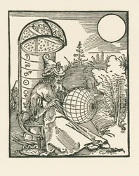 Siddende astronom, der holder en globus