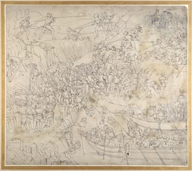Angrebet nær Rorschach ved Konstanz-søen, ca. 1500 (pen og blæk på papir)