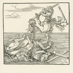 Den udenlandske turnering. Maximilian har løftet sin modstander Jacop de Heri ud af sadlen, ca. 1517-18 (træsnit)