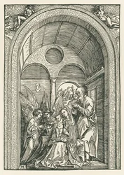 Den hellige familie med to engle i en søjlegang, ca. 1503-04 (træsnit)