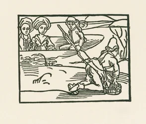 Hertuginden sidder i en båd på vandet, hvor præsten vasker sit undertøj, ca. 1489-90 (træsnit)
