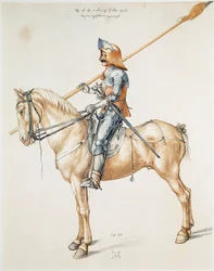 Den pansrede ridder. Akvareltegning efter en original af Albrecht Dürer