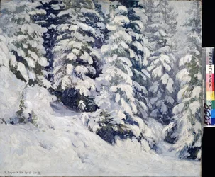 Skov om vinteren. Maleri af Alexander Alexeyevich Borisov (1866-1934). Olie på lærred, 78 x 90 cm