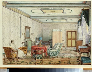 Interiør (interiør). Værk af Alexander Andreyevich Ivanov (1806-1858), akvarel og hvidt på papir, russisk kunst fra det 19. århundrede. Statens kunstmuseum, Nizhny Novgorod (Rusland)