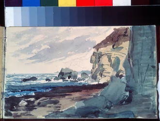 Brændingen. Udsigt over en strand nær klipper. Værk af Alexander Andreyevich Ivanov (1806-1858), akvarel på papir