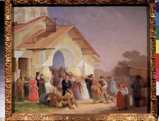 Kommer ud af en kirke i Pskov (Rusland). Maleri af Alexander Ivanovich Morozov (1835-1904), olie på lærred