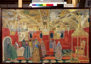 I Kreml. Forberedende tegning til operaen Boris Godunov af Modeste Mussorgsky (1839-1881) (I Kreml. Scenografi til operaen Boris Godunov af M. Mussorgsky). Værk af Alexander Yakovlevich Golovin (Alexander Golovin) (1863-1930), akvarel og
