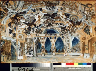 Decor pour la piece de theater La Dame de la mer de Henrik (Henri) Johan Ibsen (1828-1906) (Scenedesign til teaterstykket Fruen fra havet af H. Ibsen). Oeuvre af Alexander Yakovlevich Golovin (Alexandre Golovine) (1863-1930), pastel på karton
